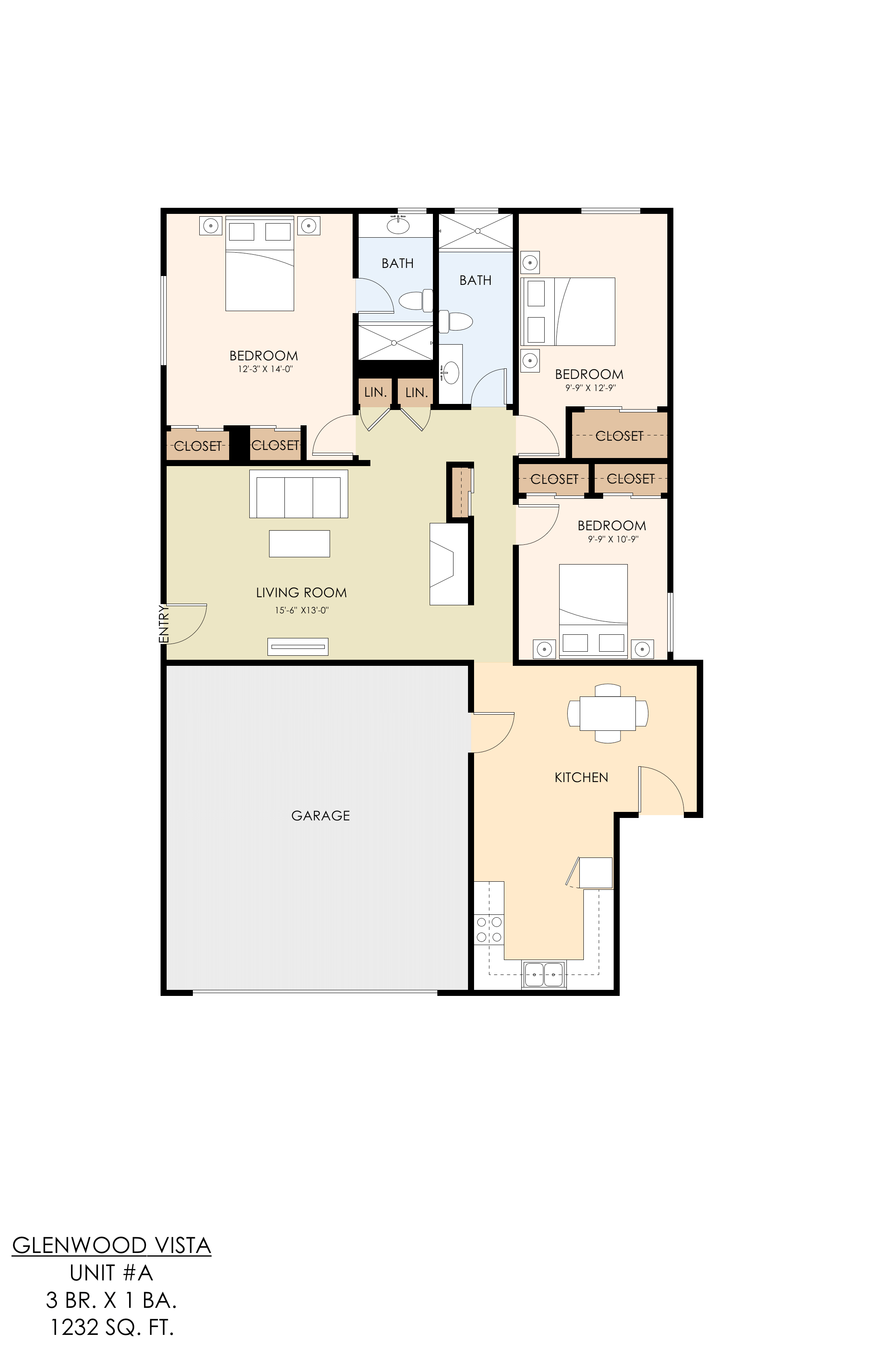 Floor plan for 3 beds, 2 baths, 1232 sqft